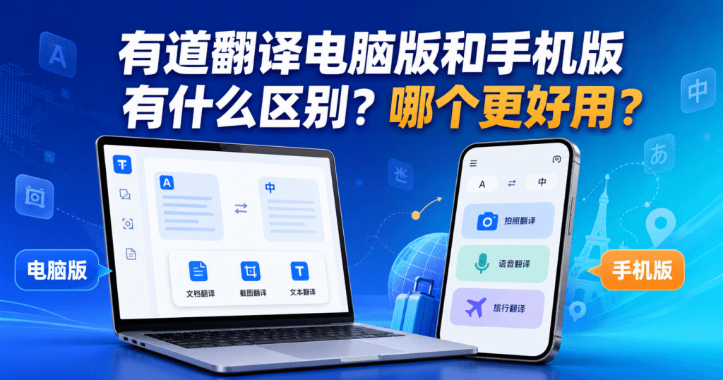 有道翻译电脑版和手机版功能对比，电脑端适合文档、截图和文本翻译，手机端适合拍照、语音和旅行翻译